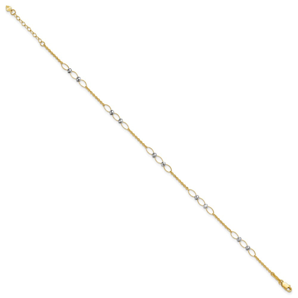 14k Two-tone Oval Links and Mirror Beads 9 inch Plus 1 inch Extender - Total 10 inch Anklet