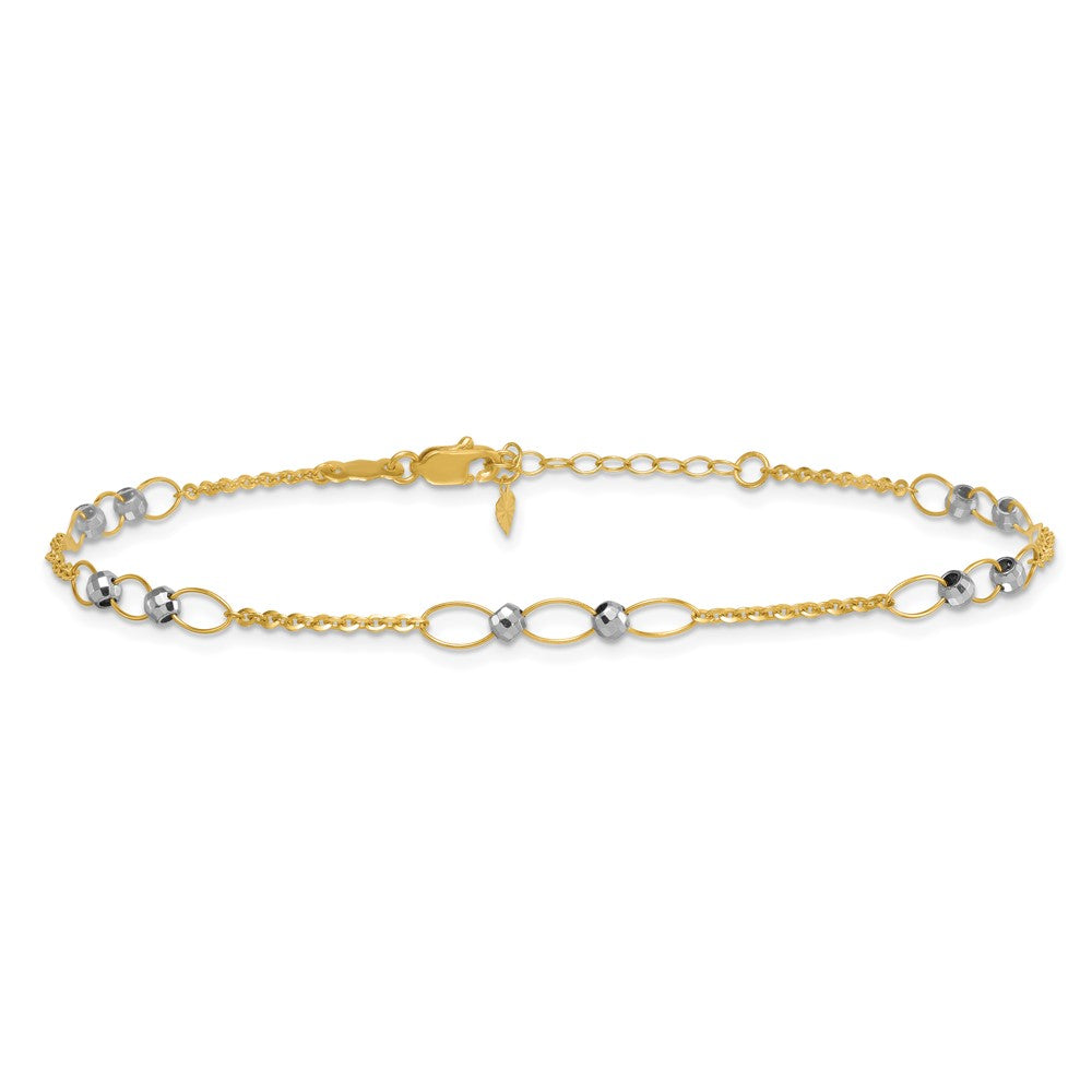 14k Two-tone Oval Links and Mirror Beads 9 inch Plus 1 inch Extender - Total 10 inch Anklet