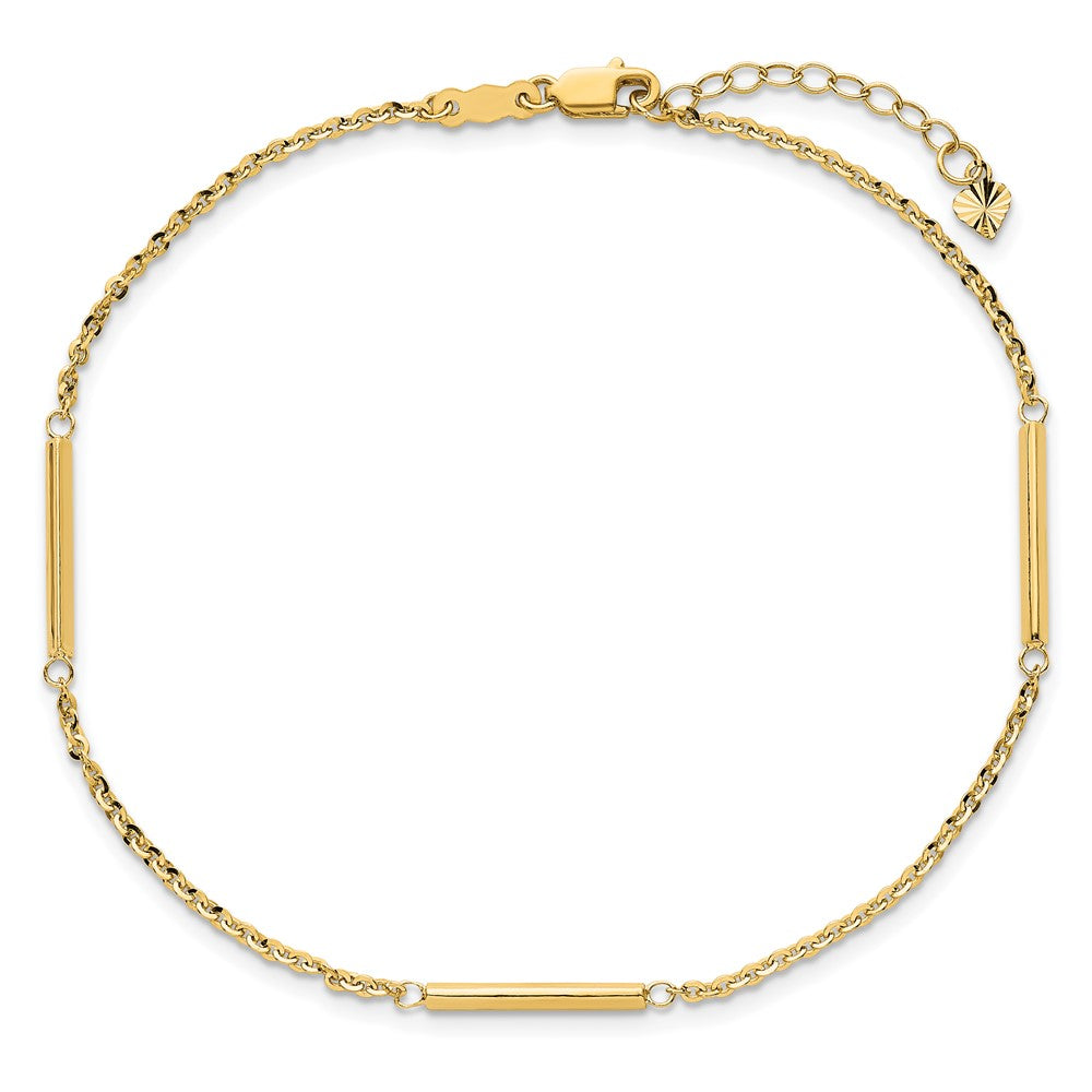 14k Cable Chain and Bar 3-Station 9 inch Plus 1 inch Extender - Total 10 inch Anklet
