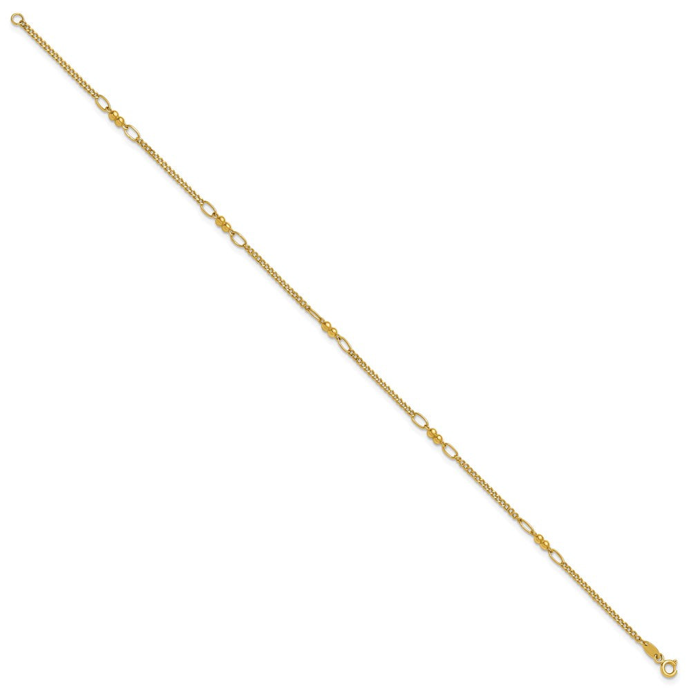 14K Polished and Diamond-cut 5-Station Beaded Mixed Link 10 inch Anklet