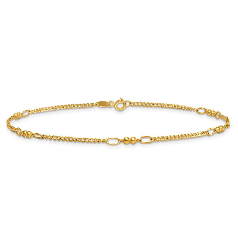 14K Polished and Diamond-cut 5-Station Beaded Mixed Link 10 inch Anklet