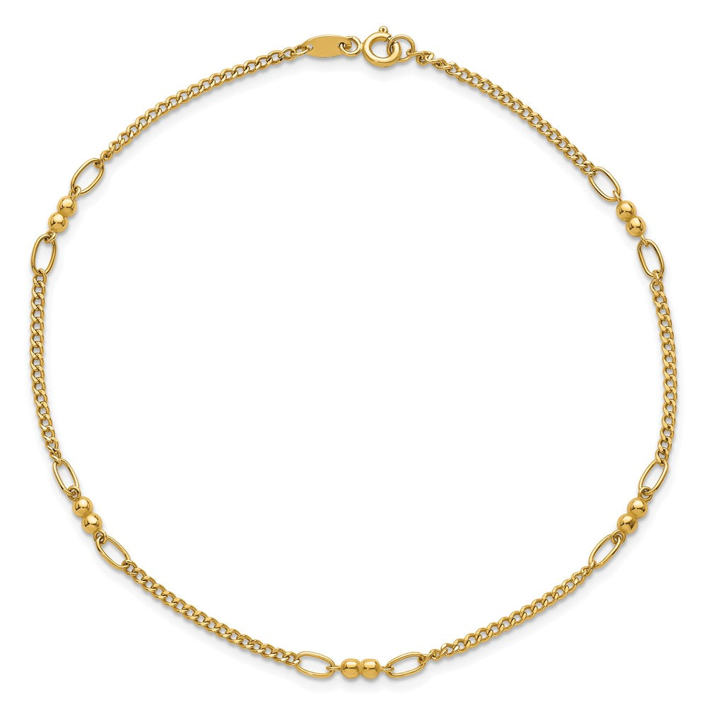 14K Polished and Diamond-cut 5-Station Beaded Mixed Link 10 inch Anklet