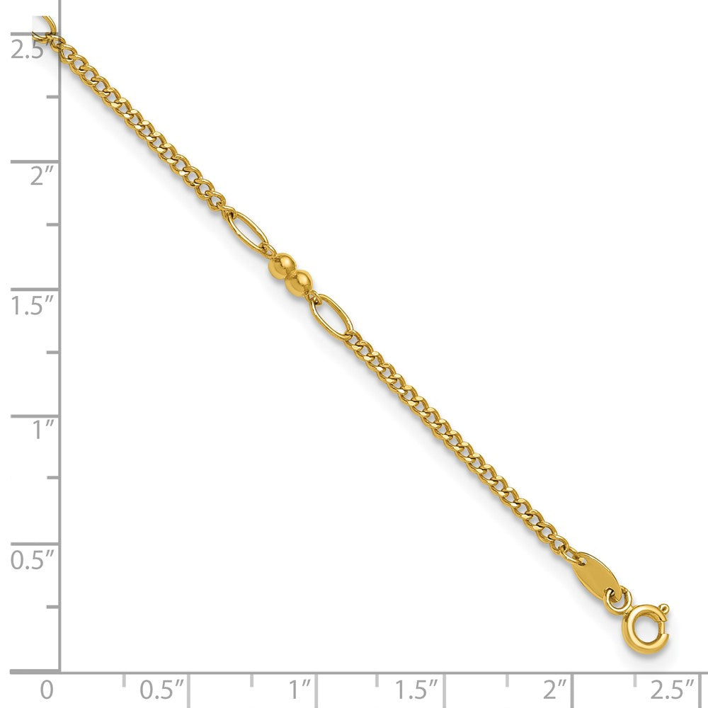 14K Polished and Diamond-cut 5-Station Beaded Mixed Link 10 inch Anklet