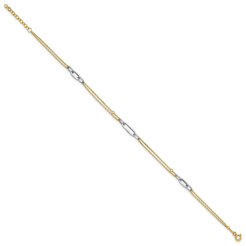 14K Two-tone Polished Diamond-cut 3-Station 9 inch Plus 1 inch Extender - Total 10 inch Anklet