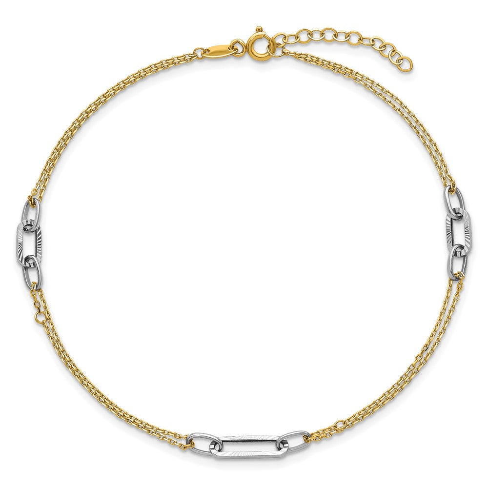 14K Two-tone Polished Diamond-cut 3-Station 9 inch Plus 1 inch Extender - Total 10 inch Anklet