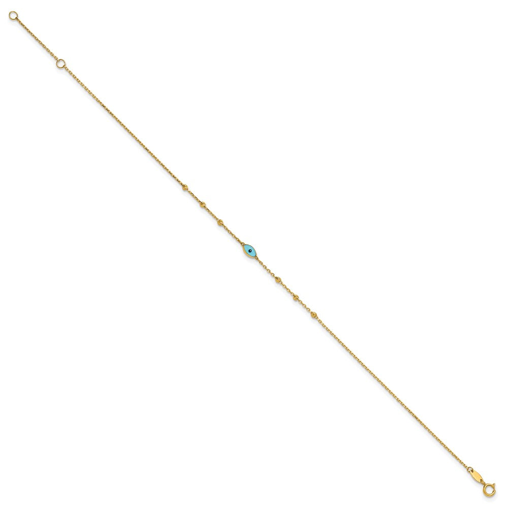 14k Diamond-cut Bead Stations Blue Glass Evil Eye 9 inch Plus 1 inch Extender - Total 10 inch Anklet