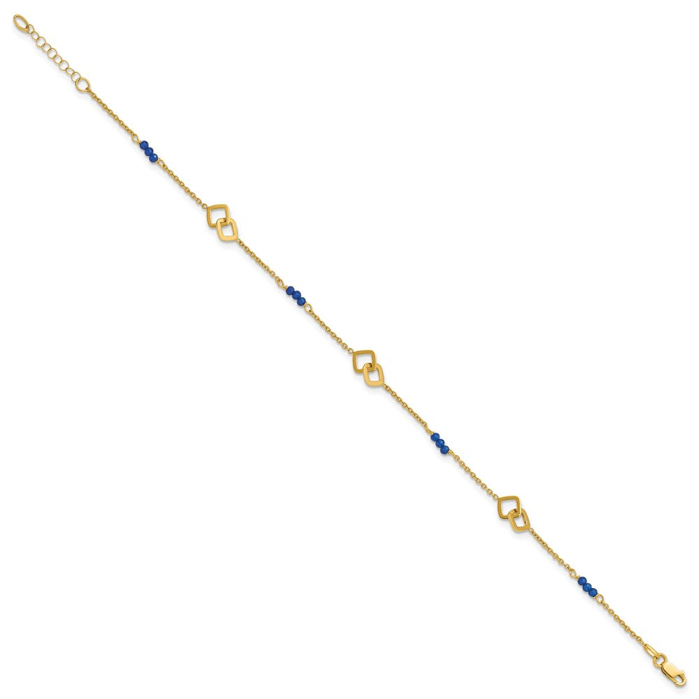 14k Polished Blue Spinel Beads and Squares 9 inch Plus 1 inch Extender - Total 10 inch Anklet