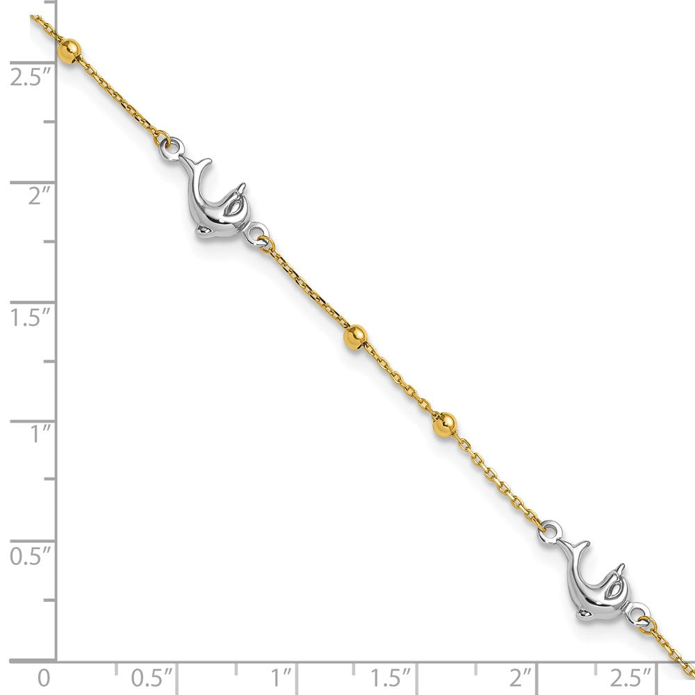 14K Two-tone Beads and Three Dolphins 9 inch Plus 1 inch Extender - Total 10 inch Anklet