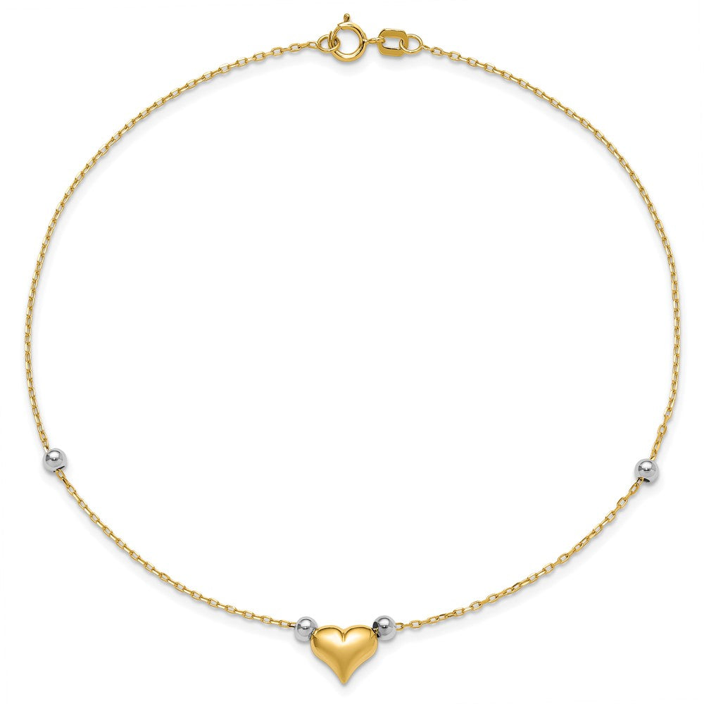 14k Two-tone Polished Puffed Heart with Beads 10 inch Anklet