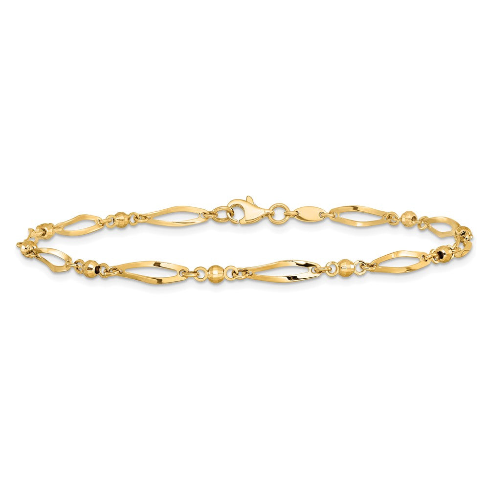14k Polished Twisted Oval and Mirror Beads 9 inch Anklet
