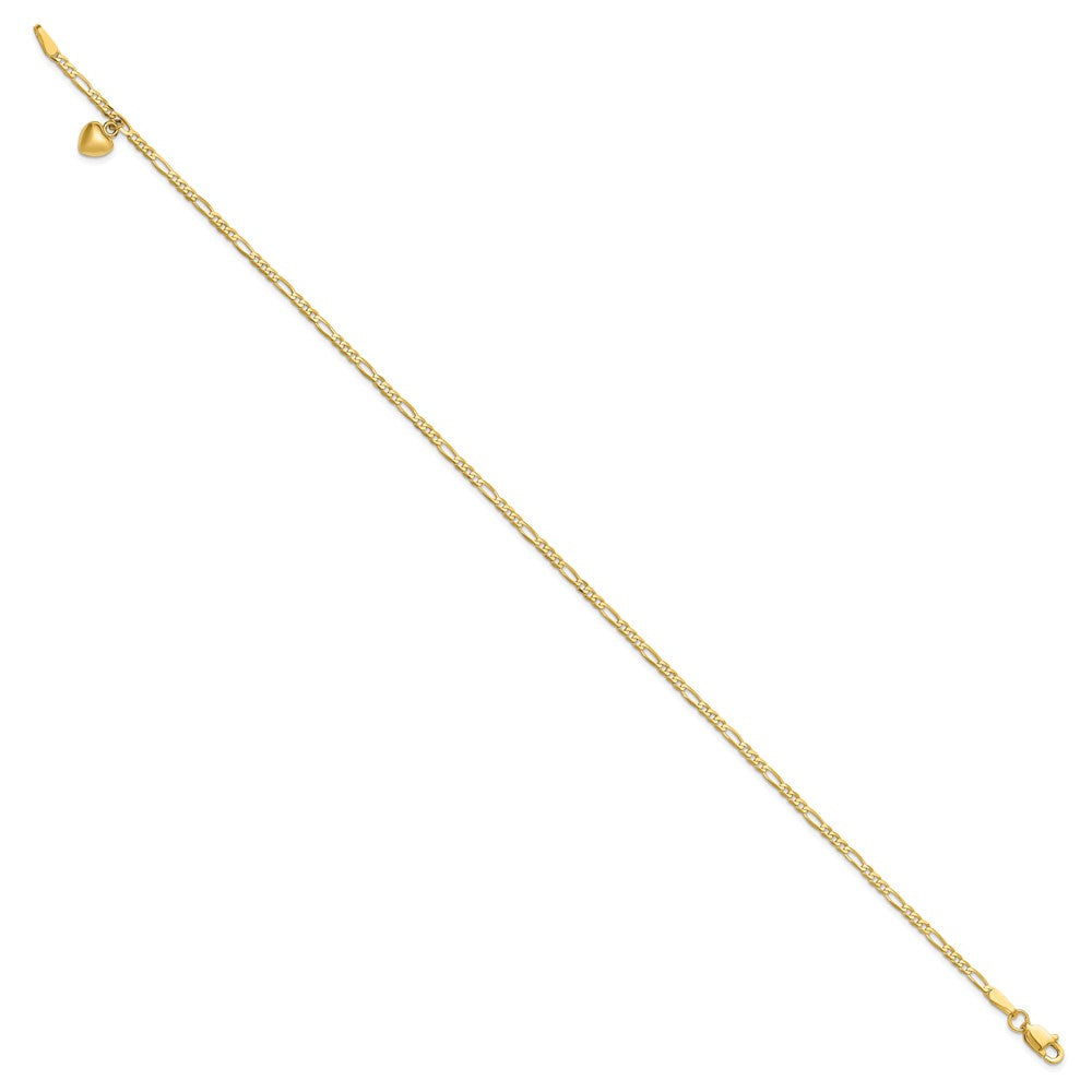 14k Figaro Link Chain with Dangling Puffed Heart 10 inch Anklet