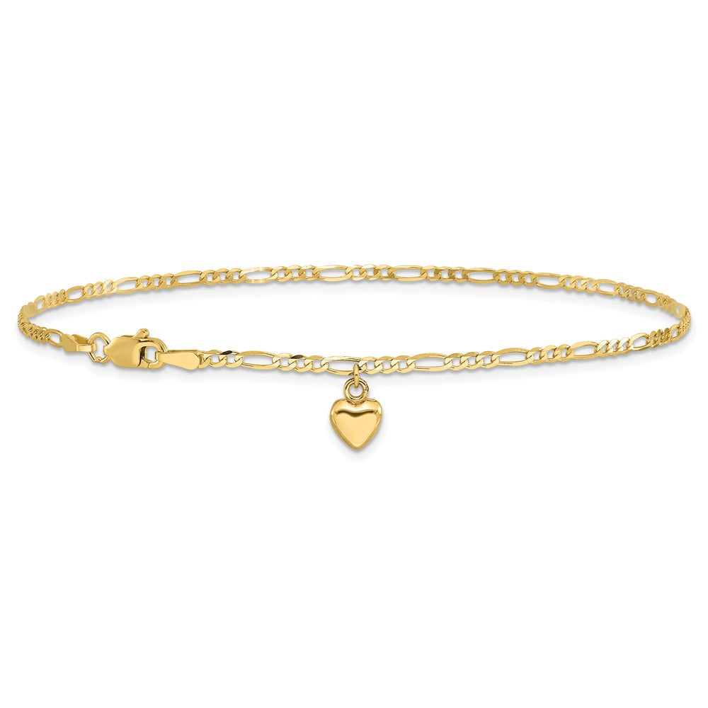 14k Figaro Link Chain with Dangling Puffed Heart 9 inch Anklet