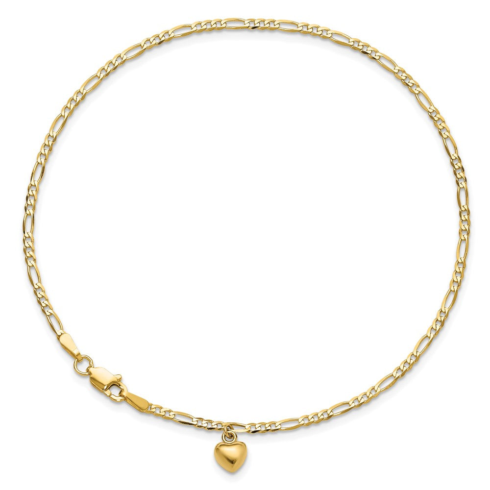 14k Figaro Link Chain with Dangling Puffed Heart 10 inch Anklet