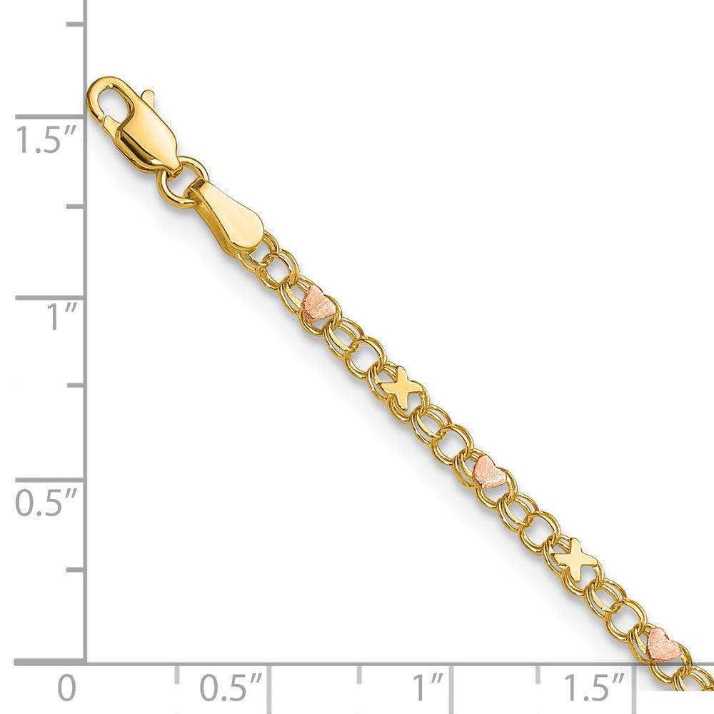14k Polished and Satin Rose-plated X-and-Heart 10 inch Anklet