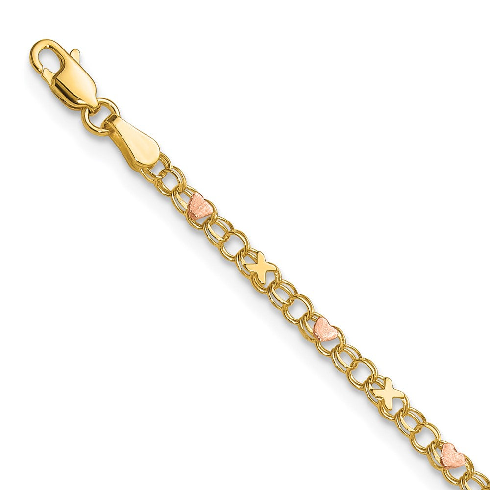 14k Two-tone X-and-Heart Double Link 8 inch Charm Bracelet