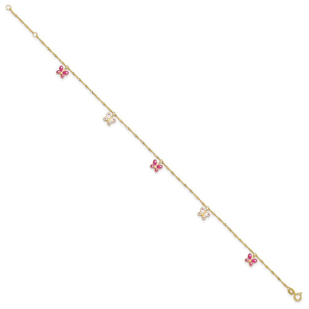 14k Pink and White Enameled Butterfly Dangles 9 inch Plus 1 inch Extender - Total 10 inch Anklet