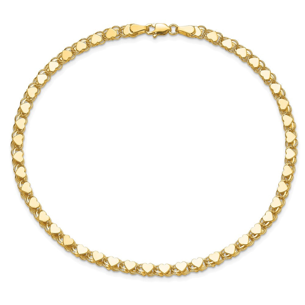 14k Polished Double-Sided Hearts Double Link 9 inch Anklet