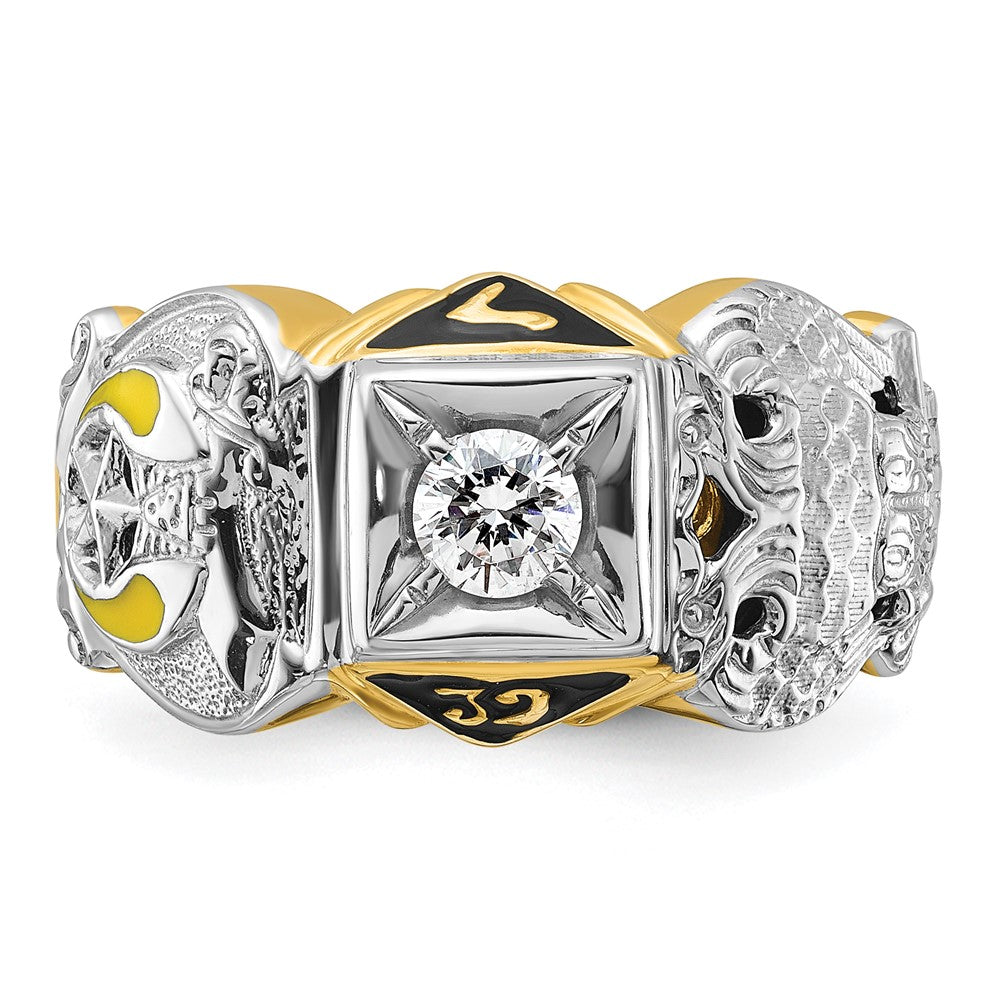 IBGoodman 14k Two-tone Men's Polished and Textured with Multi-color Enamel and Diamond Double Eagle Masonic Shriner's Ring