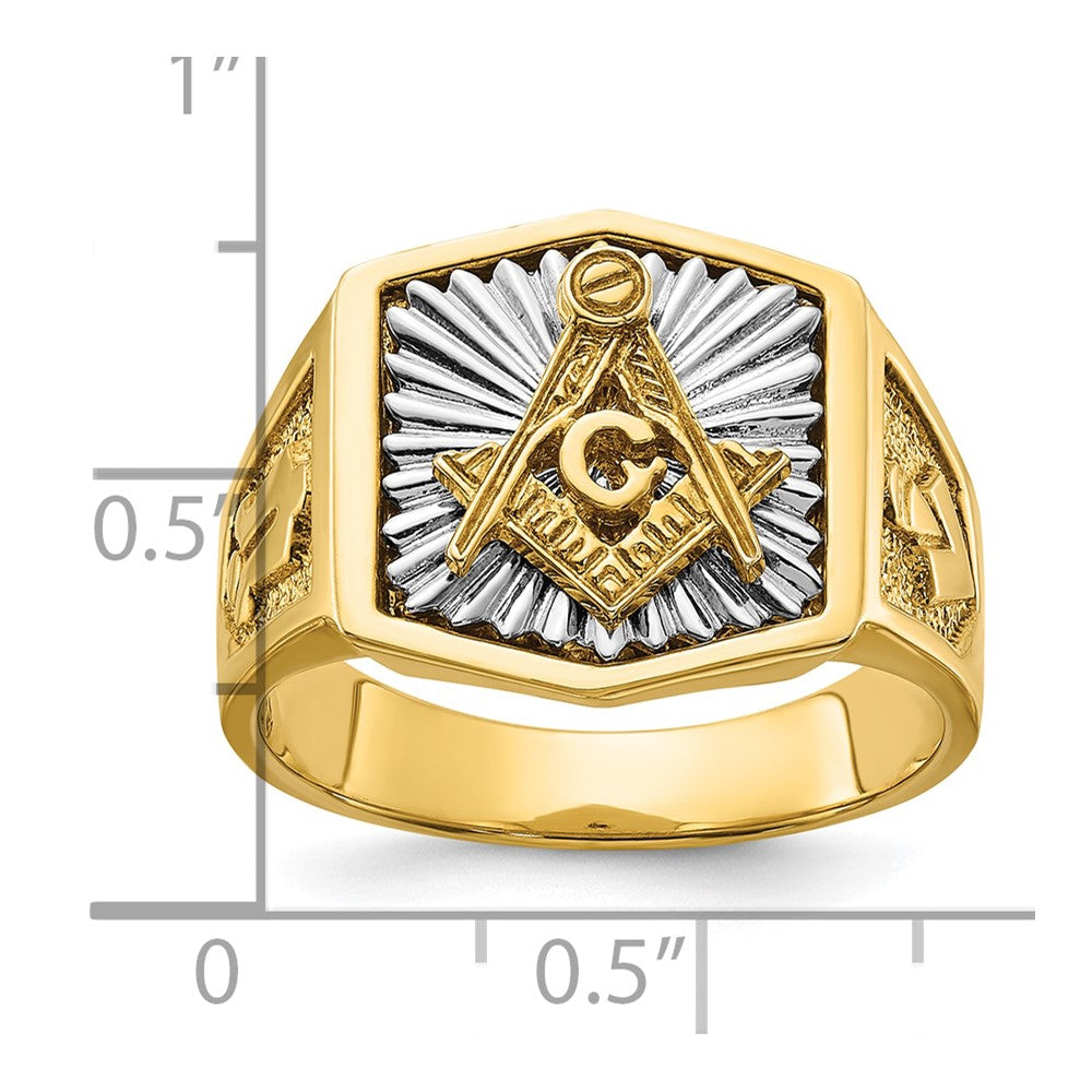 IBGoodman 14k Two-tone Men's Polished and Textured Sun Ray Blue Lodge Master Masonic Ring