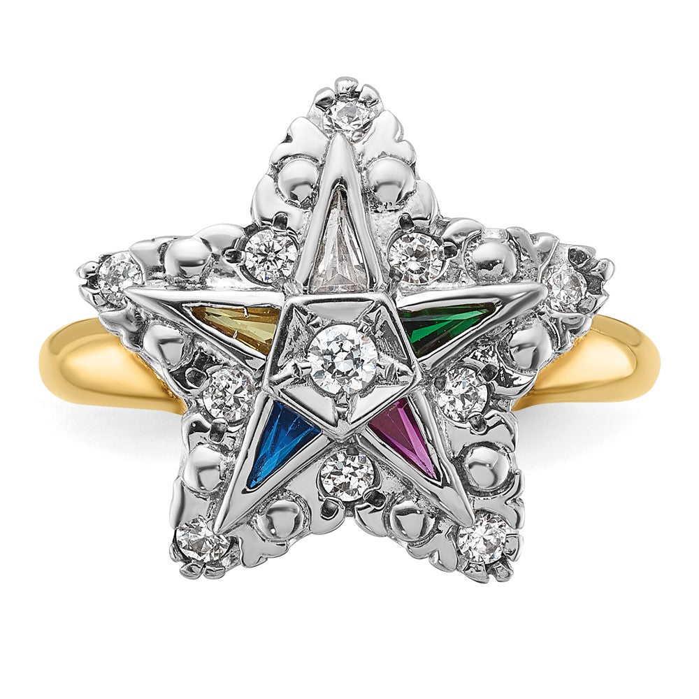 IBGoodman 14k Two-tone Women's Polished and Beaded with Multi-color CZ and Diamond Eastern Star Masonic Ring