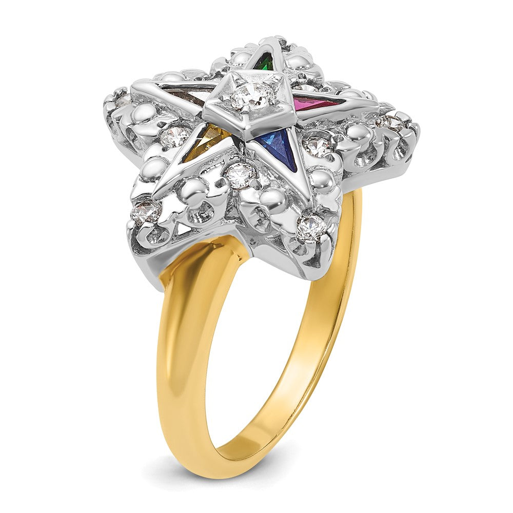 IBGoodman 14k Two-tone Women's Polished and Beaded with Multi-color CZ and Diamond Eastern Star Masonic Ring