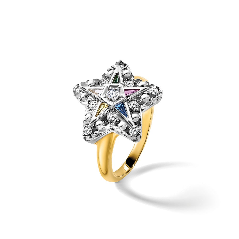 IBGoodman 10k Two-tone Women's Polished and Beaded with Multi-color CZ and Diamond Eastern Star Masonic Ring