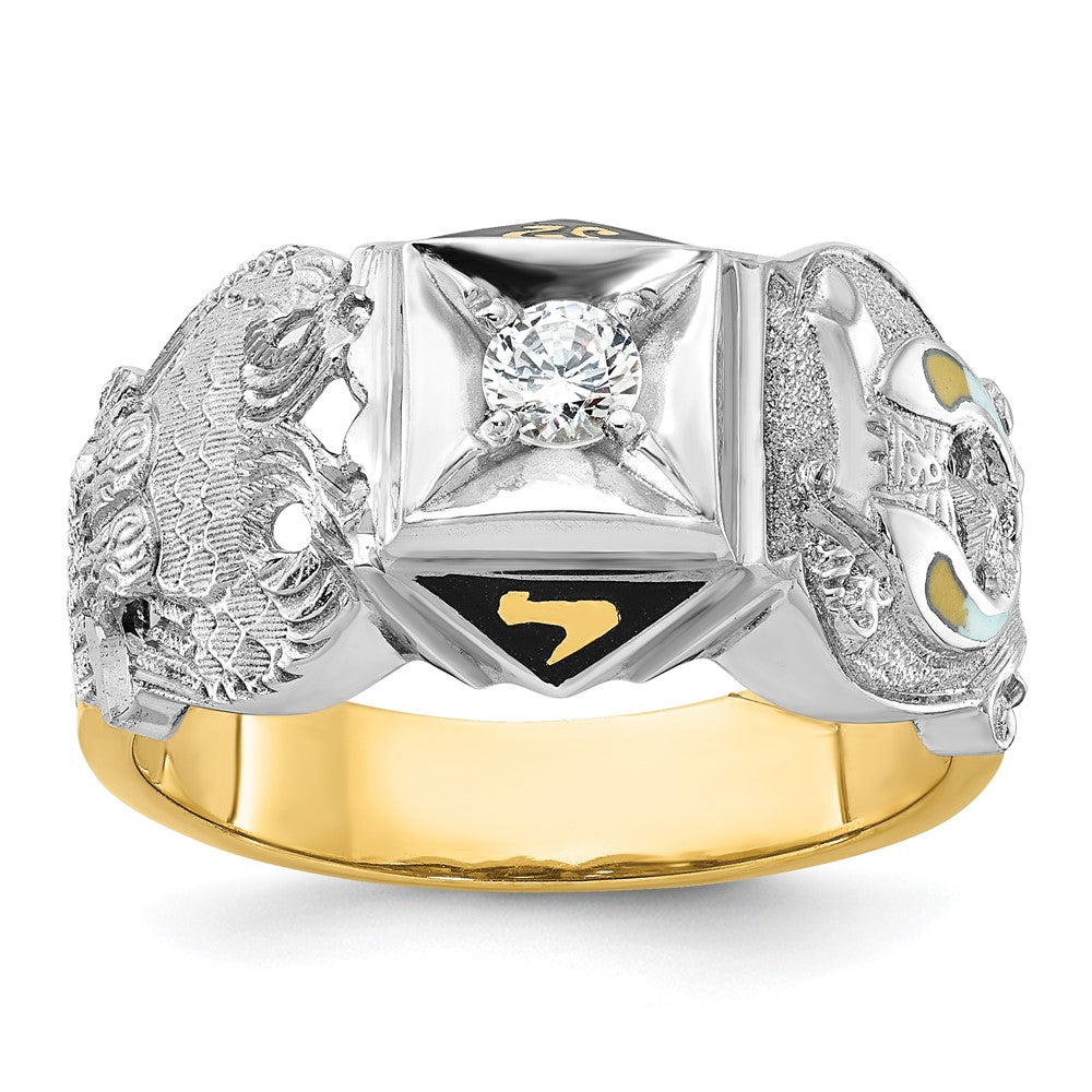 IBGoodman 14k Two-tone Men's Polished and Textured with Black Enamel and Diamond Double Eagle Masonic Shriner's Ring