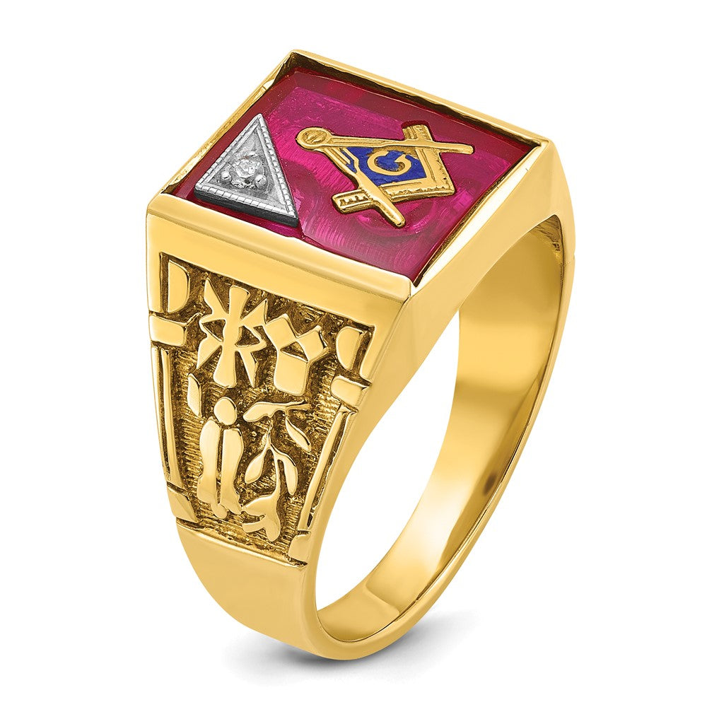 IBGoodman 14k Two-tone Men's Polished and Textured with Lab Created Ruby and Diamond Blue Lodge Master Masonic Ring
