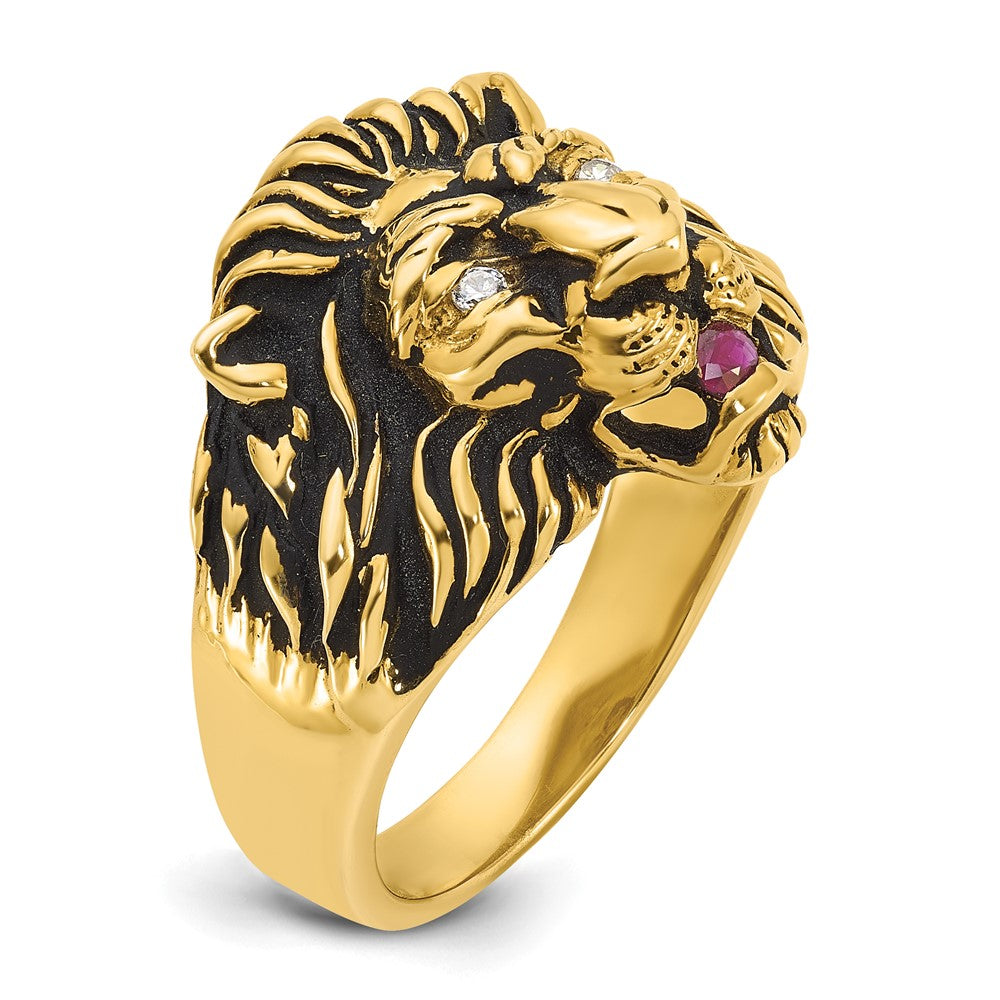 14k IBGoodman Men's 1/20 carat Diamond and Ruby Antiqued Lion Complete Ring