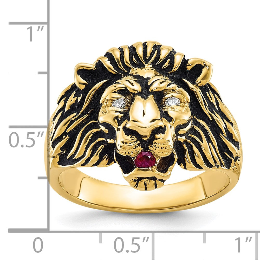 14k IBGoodman Men's 1/20 carat Diamond and Ruby Antiqued Lion Complete Ring