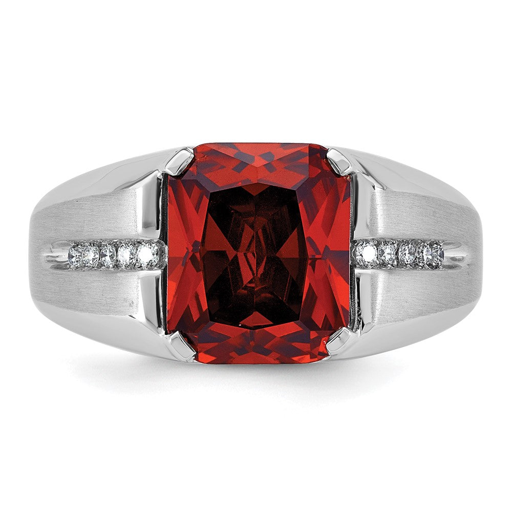 14k White Gold IBGoodman Men's Created Garnet and 1/10 carat Diamond Complete Ring