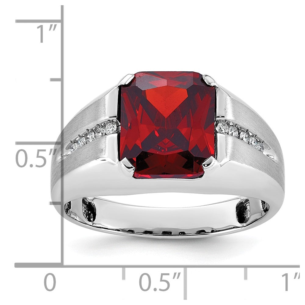 14k White Gold IBGoodman Men's Created Garnet and 1/10 carat Diamond Complete Ring