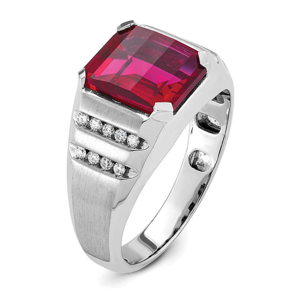 14k White Gold IBGoodman Men's Created Ruby and 1/5 carat Diamond Complete Ring
