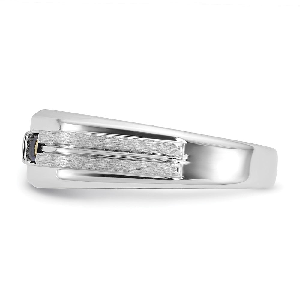 IBGoodman 14k White Gold Men's Polished Satin and Grooved Square 1/6 Carat AA Quality Diamond and Lab Created Sapphire 3-Stone Ring