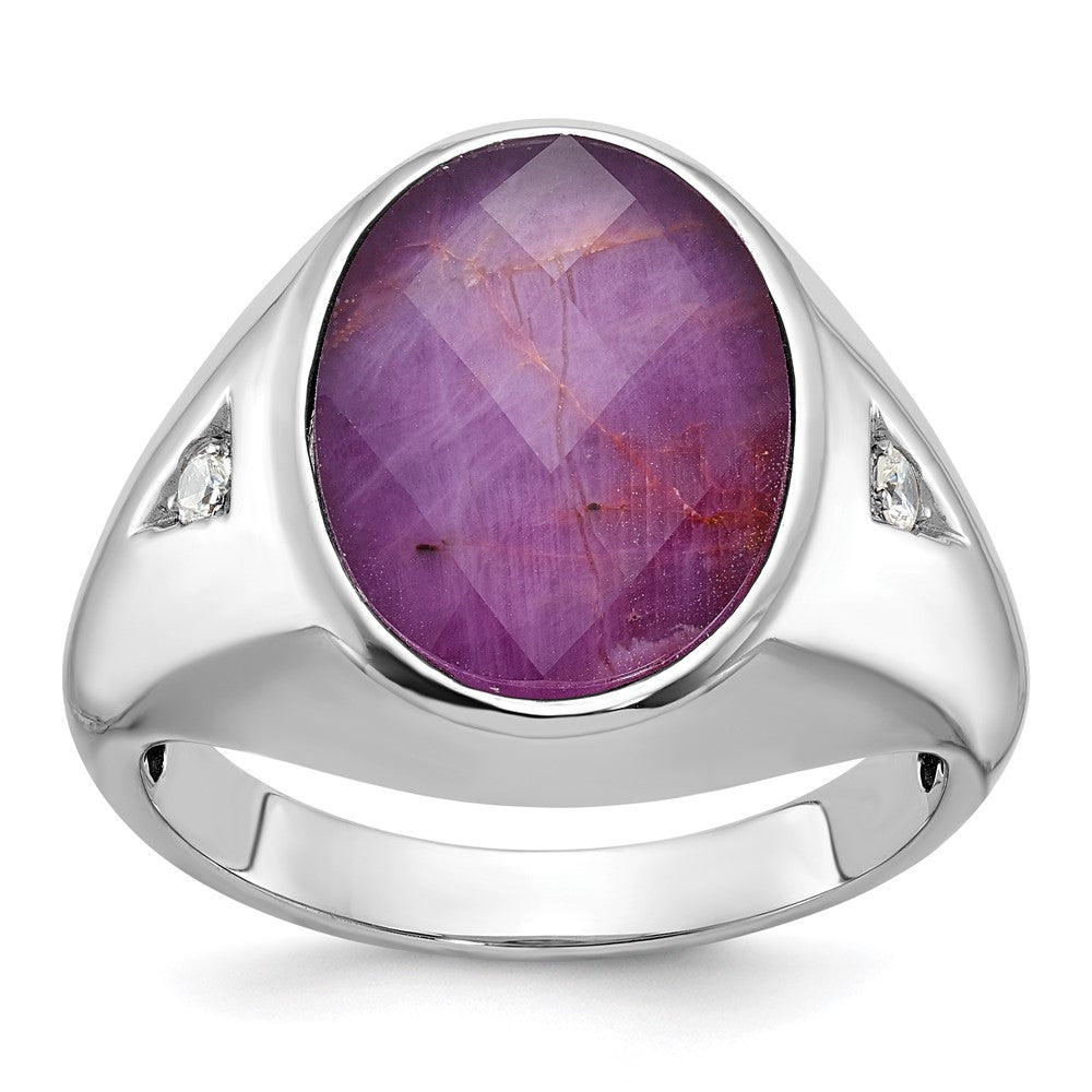 14k White Gold IBGoodman Men's Oval Ruby Doublet Stone and 1/15 carat Diamond Complete Ring
