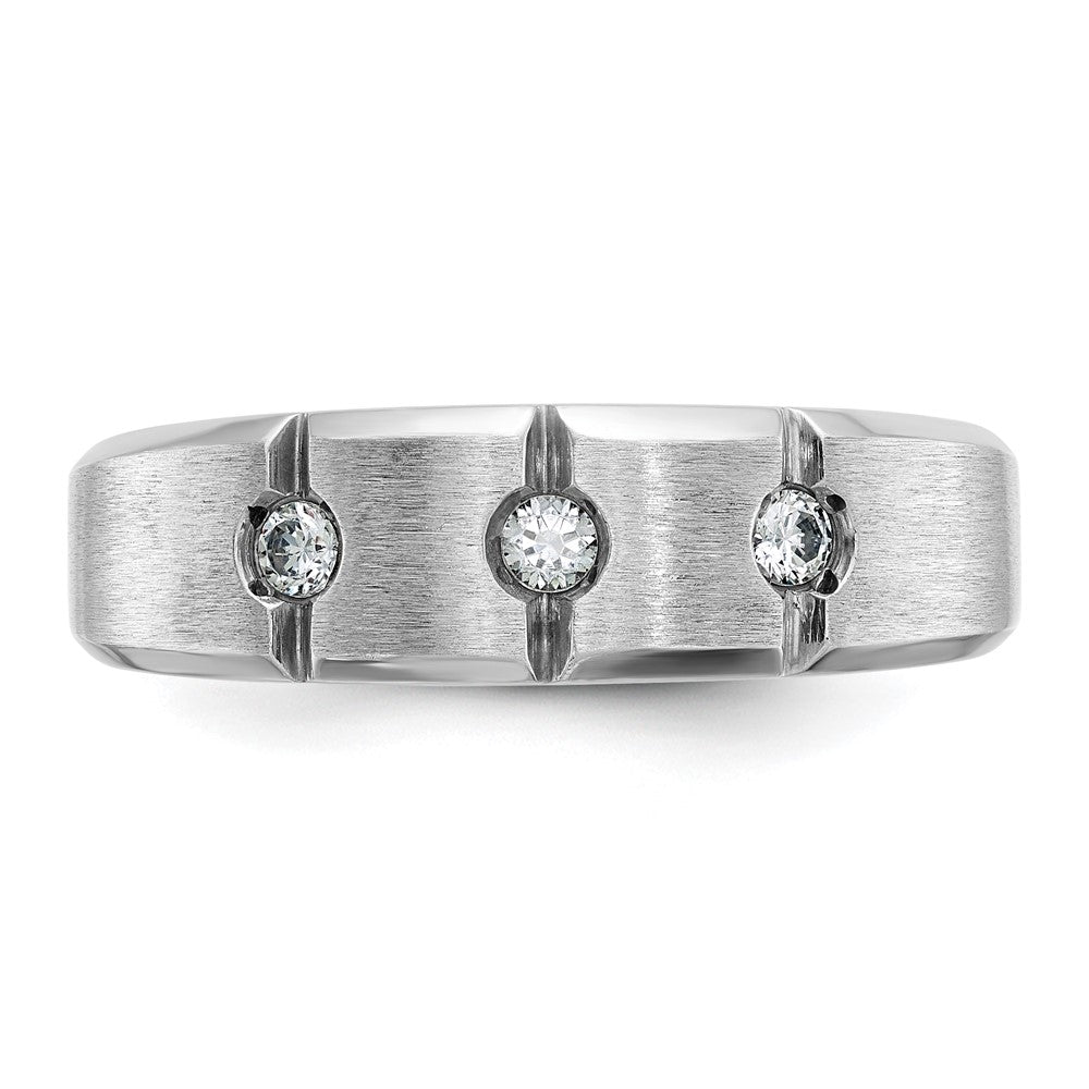 IBGoodman 14k White Gold Men's Polished Satin and Grooved 3-Stone 1/5 Carat AA Quality Diamond Ring