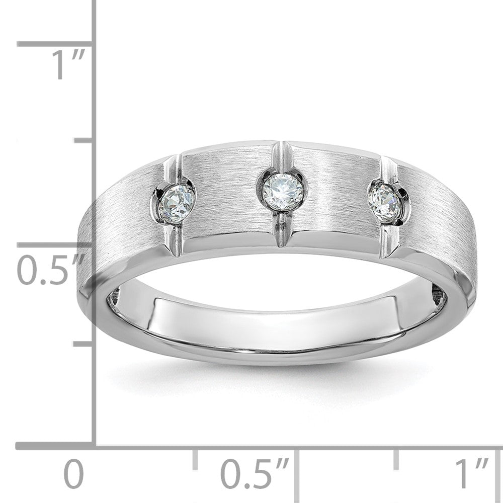 IBGoodman 14k White Gold Men's Polished Satin and Grooved 3-Stone 1/5 Carat AA Quality Diamond Ring