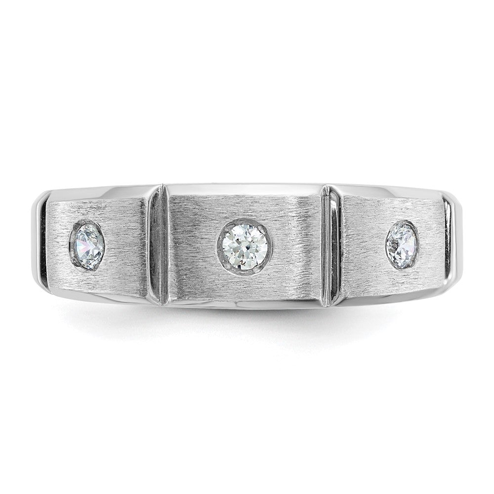 IBGoodman 14k White Gold Men's Polished Satin and Grooved 3-Stone 1/5 Carat AA Quality Diamond Ring