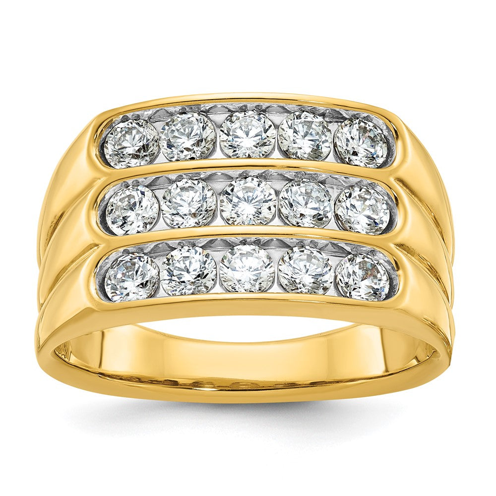 IBGoodman 14k Men's Polished and Grooved 3-Row 1.65 Carat AA Quality Diamond Ring