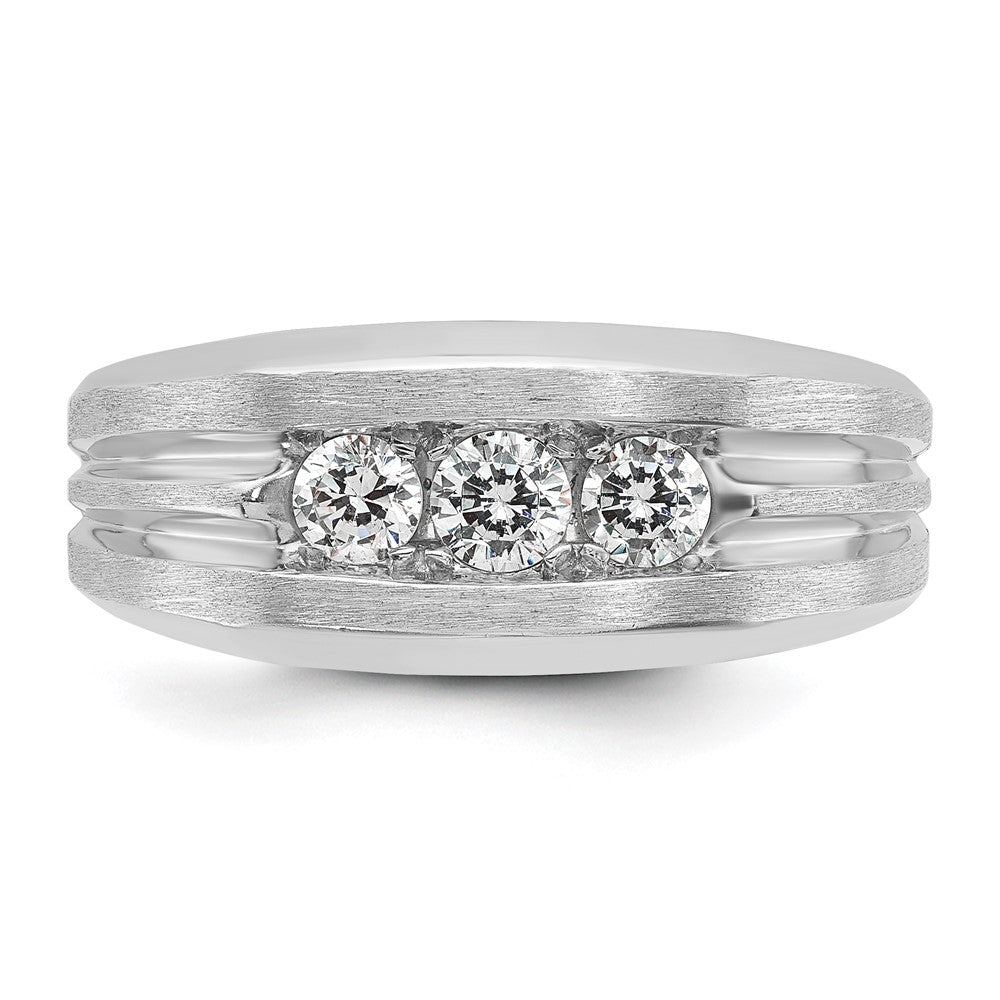 IBGoodman 14k White Gold Men's Polished Satin and Grooved 3-Stone Ring Mounting