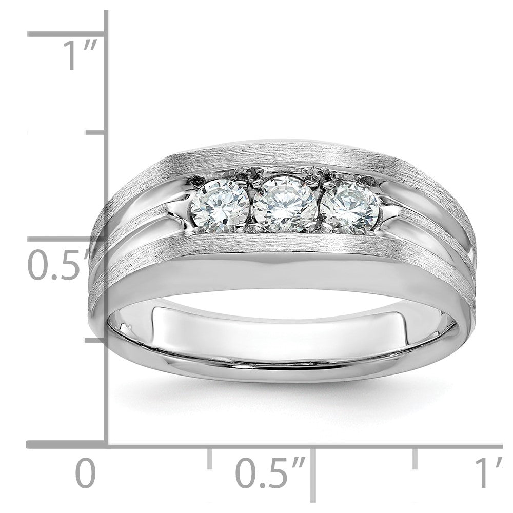 IBGoodman 14k White Gold Men's Polished Satin and Grooved 3-Stone 1/2 Carat AA Quality Diamond Ring