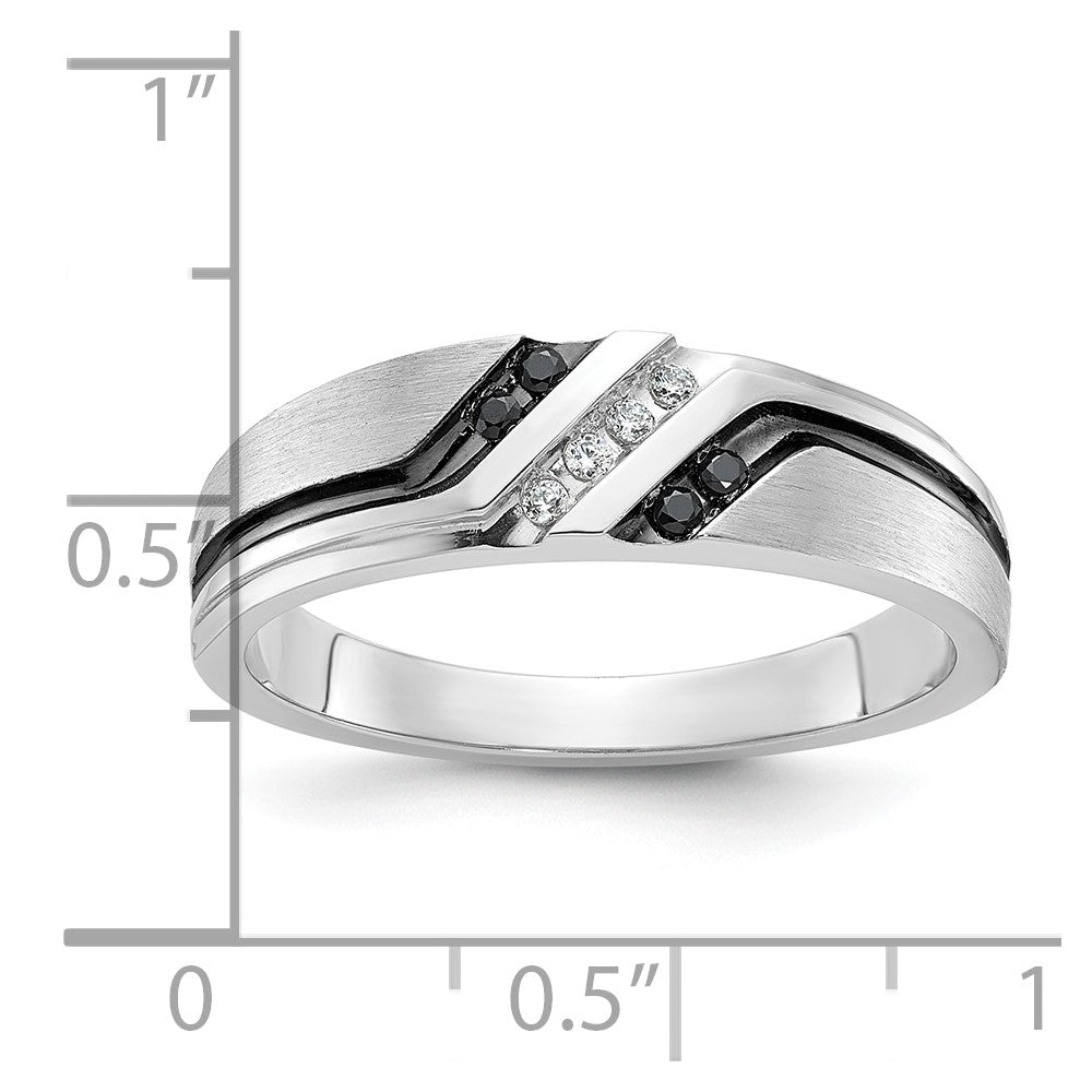 IBGoodman 14k White Gold with Black Rhodium Men's Polished Satin and Grooved 1/8 Carat AA Quality Black and White Diamond Ring