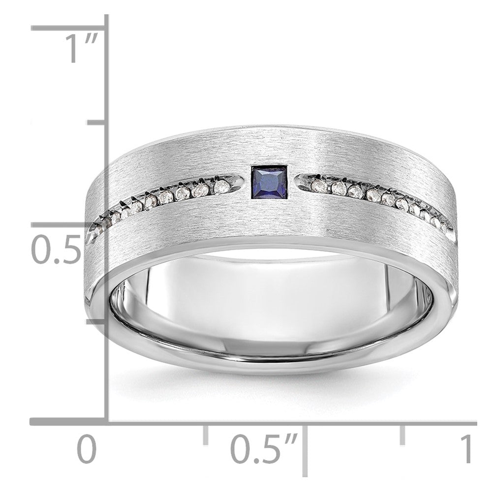 14k White Gold IBGoodman Men's Satin Lab Created Sapphire and 1/8 carat Diamond Complete Ring