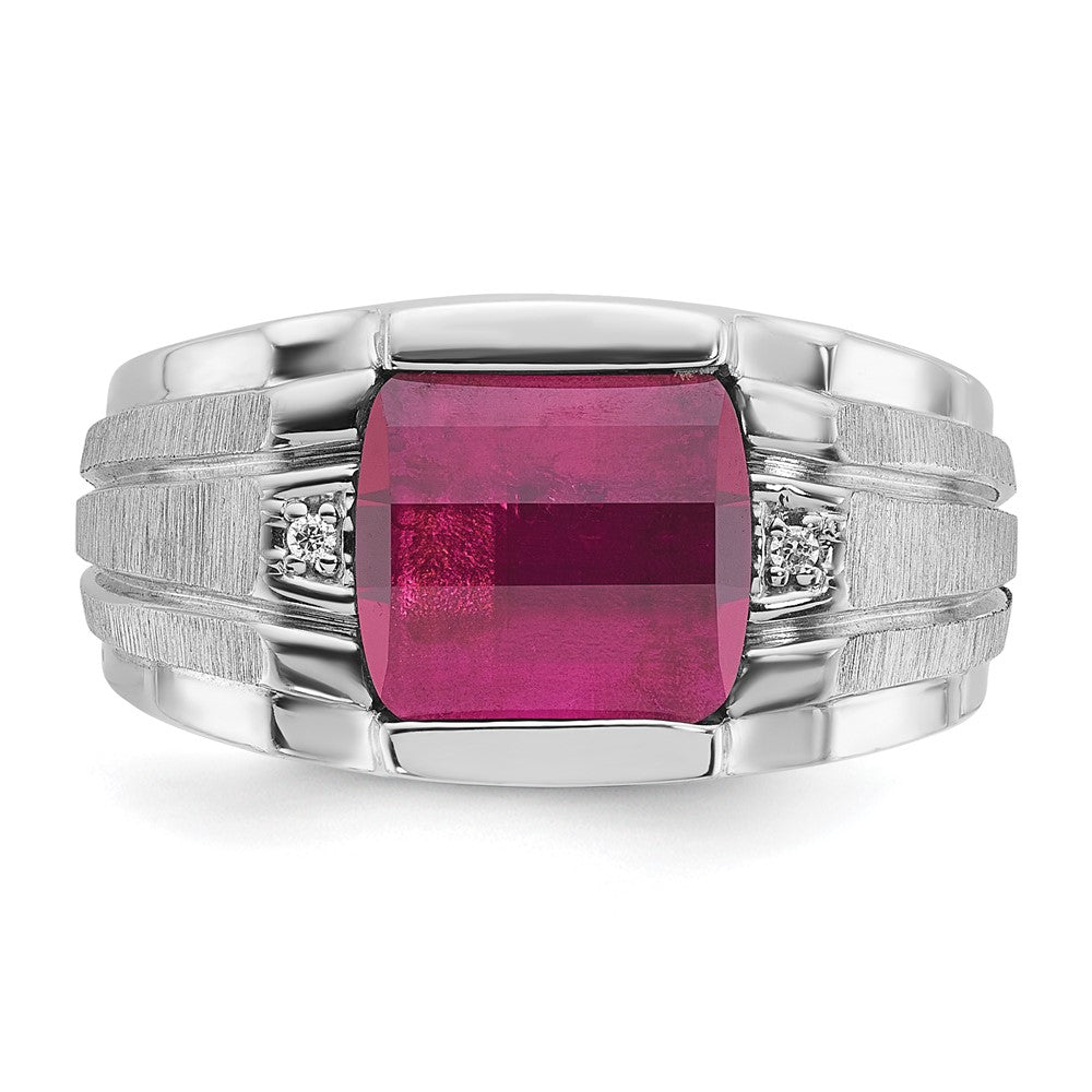 14k White Gold IBGoodman Men's Satin Created Ruby and Diamond Complete Ring