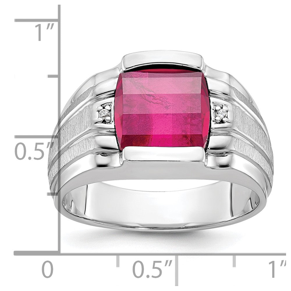 14k White Gold IBGoodman Men's Satin Created Ruby and Diamond Complete Ring