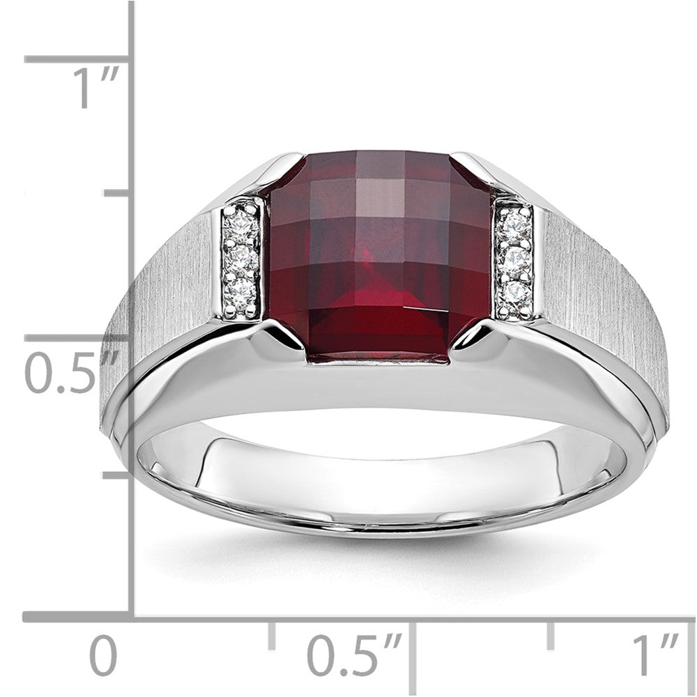 14k White Gold IBGoodman Men's Created Garnet and 1/20 carat Diamond Complete Ring