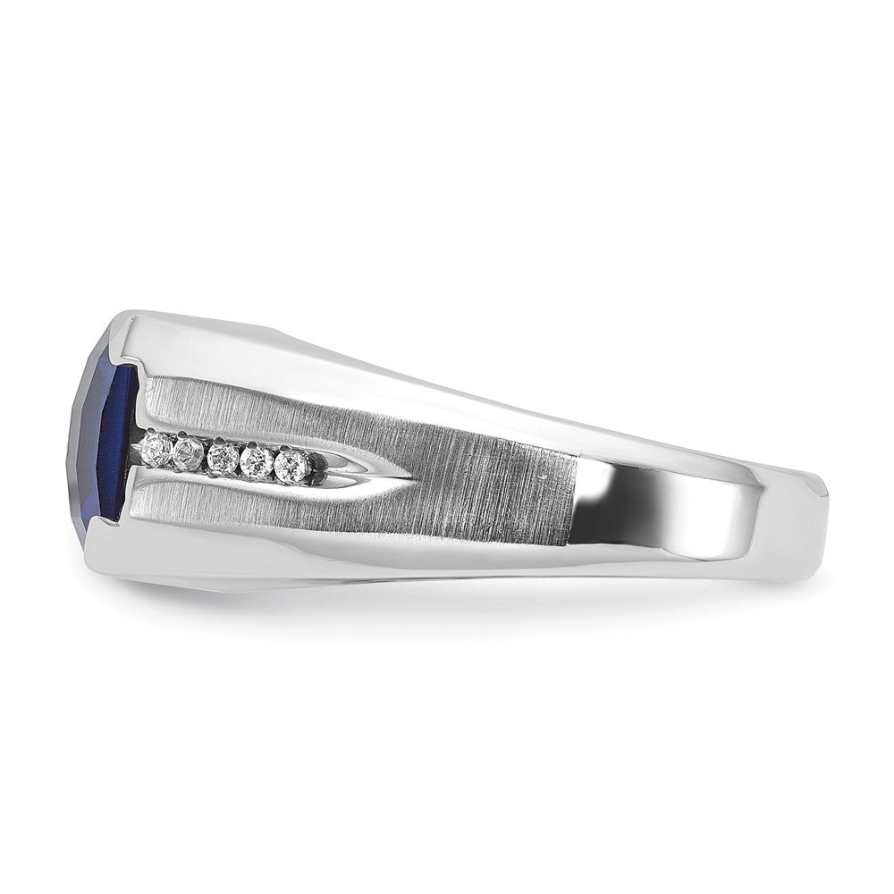 14k White Gold IBGoodman Men's Created Sapphire and 1/20 carat Diamond Complete Ring