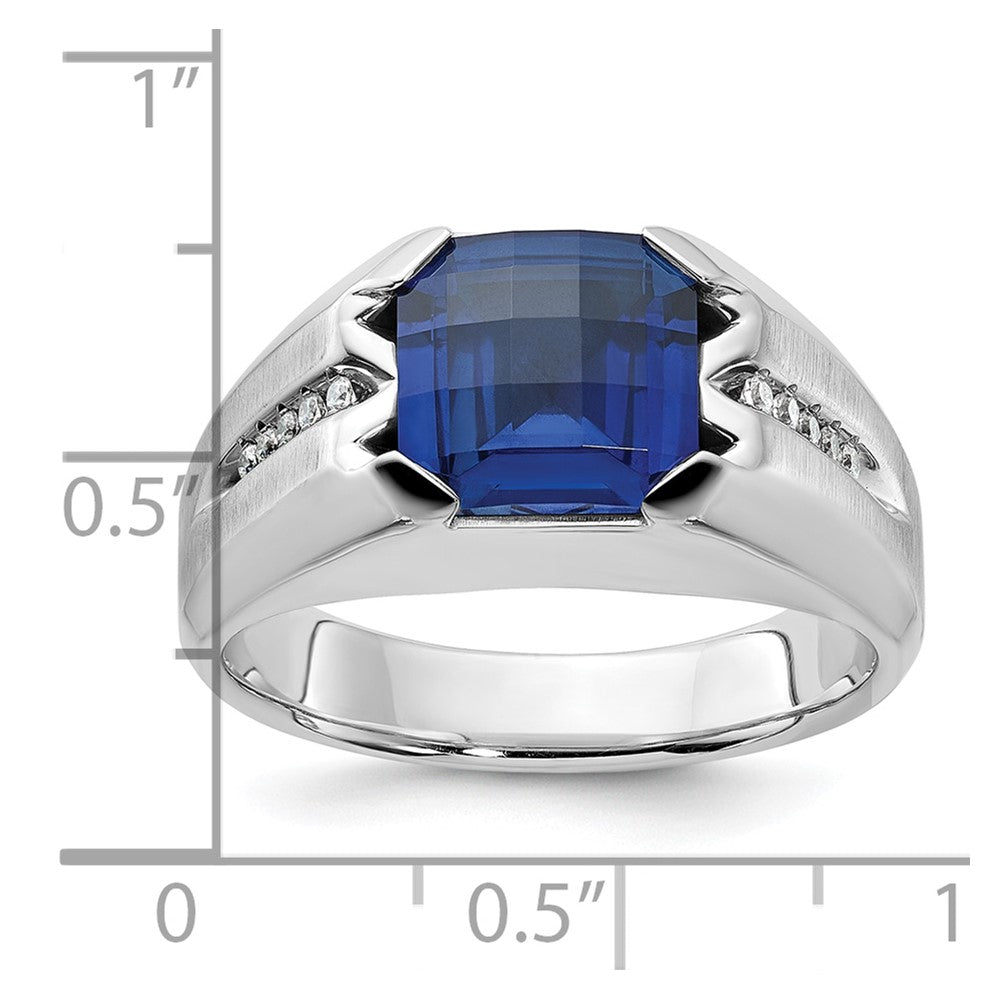 14k White Gold IBGoodman Men's Created Sapphire and 1/20 carat Diamond Complete Ring