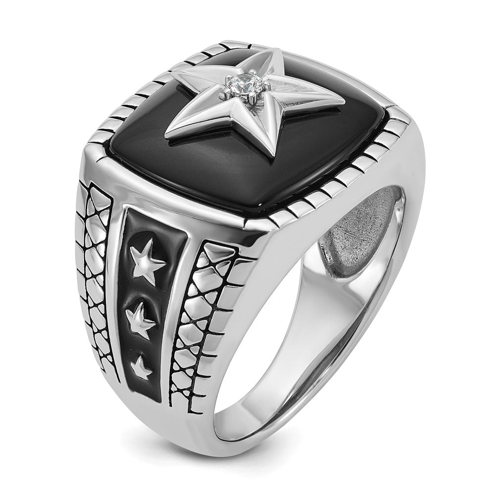 14k White Gold IBGoodman Men's Antiqued Onyx and 1/20 carat Diamond Complete Star Ring