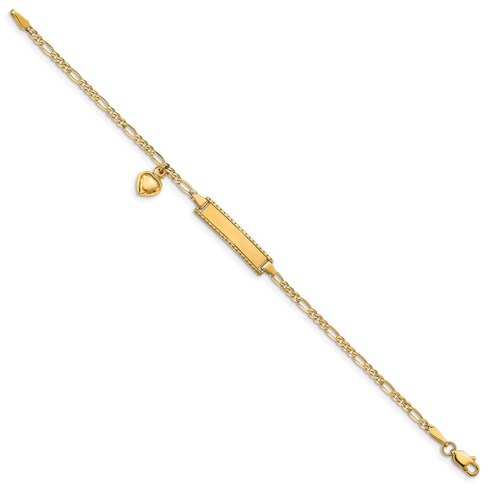 14k Polished Solid Chain/Solid Plate Heart Dangle Figaro Link 21x6mm Plate 6 inch Baby/Child ID Bracelet
